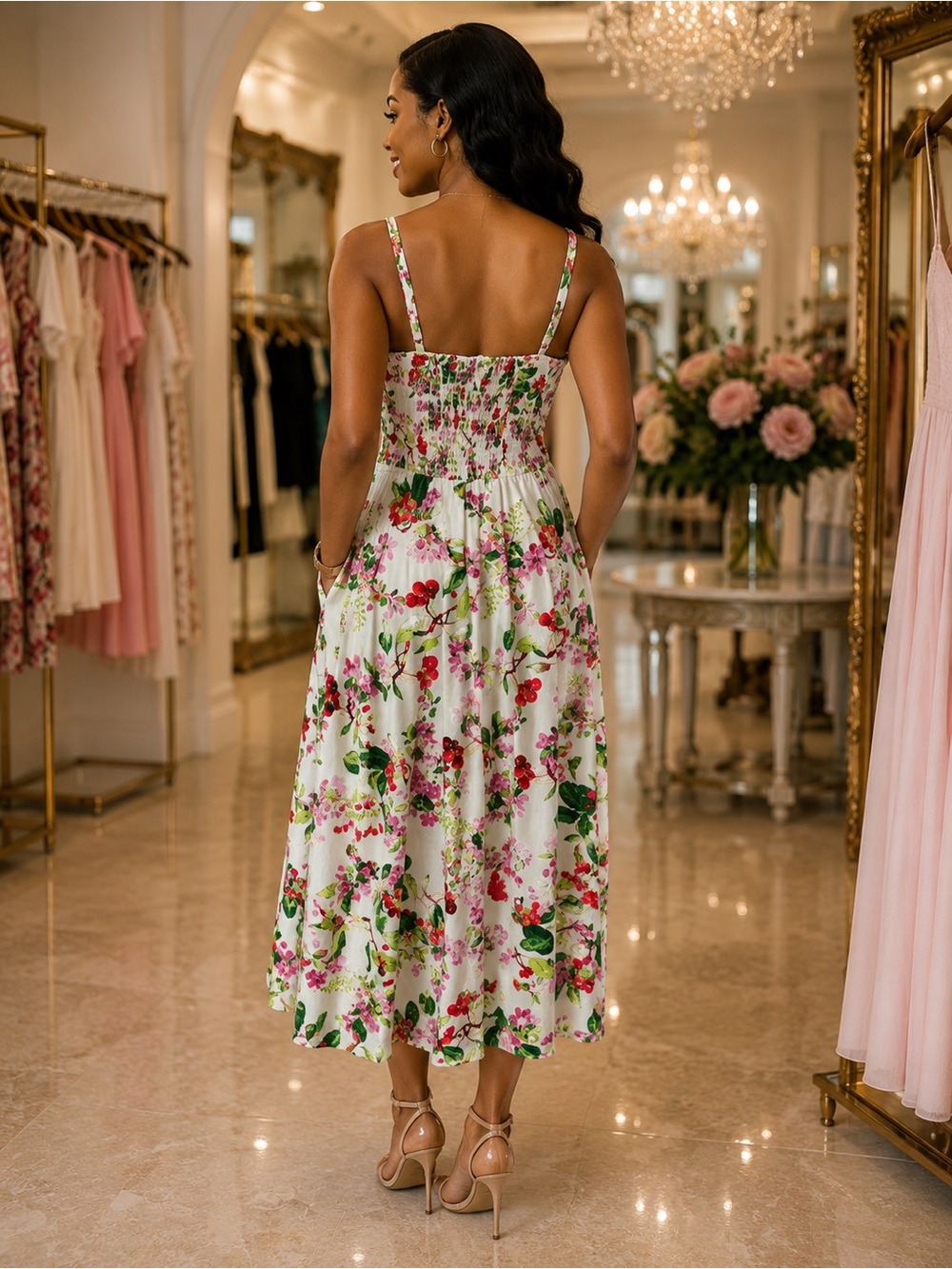 Taylor White Midi Dress with Pink and Green Floral Print - Picture 3 of 4